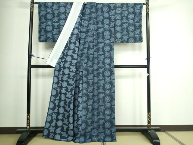 平和屋着物▽上質な紬 単衣 型染め 草花文 正絹 逸品 DAAV9956sf