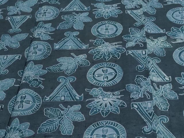 平和屋着物▽上質な紬 単衣 型染め 草花文 正絹 逸品 DAAV9956sf