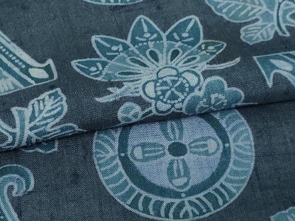 平和屋着物▽上質な紬 単衣 型染め 草花文 正絹 逸品 DAAV9956sf