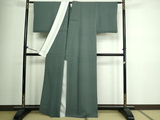 平和屋着物▽上質な色無地　単衣　七宝地紋　御召御納戸色　正絹　逸品　DAAV9959sf