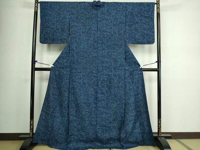 平和屋着物▽上質な紬 単衣 本藍 型絵染 花唐草文 正絹 逸品 DAAV9968sf