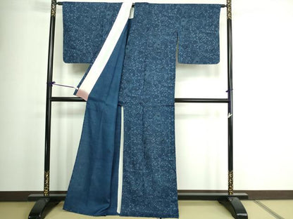 平和屋着物▽上質な紬 単衣 本藍 型絵染 花唐草文 正絹 逸品 DAAV9968sf