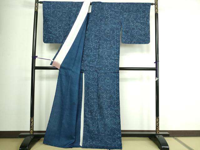 平和屋着物▽上質な紬 単衣 本藍 型絵染 花唐草文 正絹 逸品 DAAV9968sf