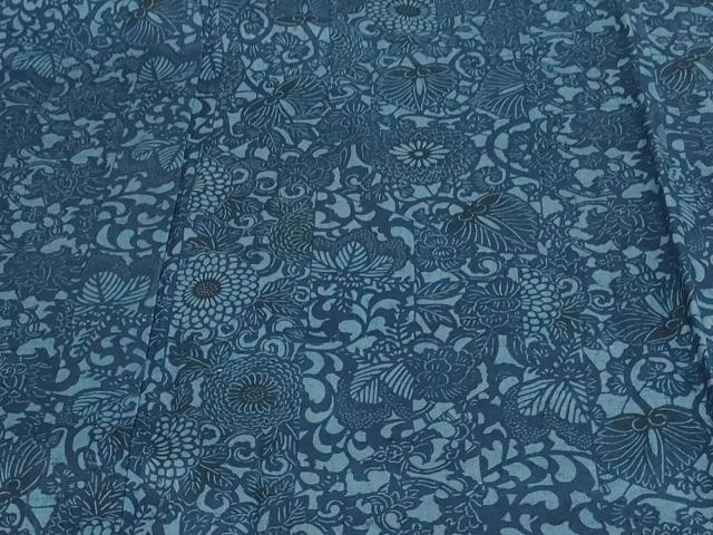 平和屋着物▽上質な紬 単衣 本藍 型絵染 花唐草文 正絹 逸品 DAAV9968sf
