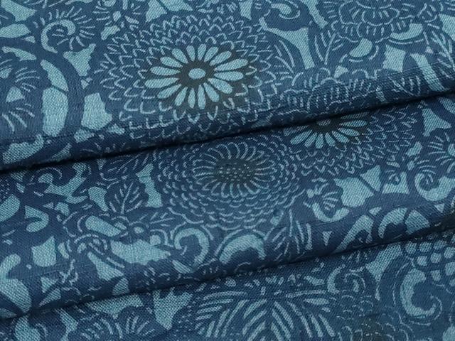 平和屋着物▽上質な紬 単衣 本藍 型絵染 花唐草文 正絹 逸品 DAAV9968sf