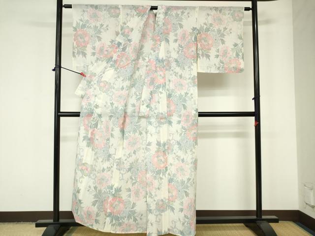 平和屋着物＊夏物　本場小千谷ちぢみ　牡丹　麻　逸品　DAAW0288op