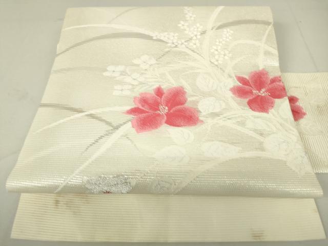 平和屋着物＊夏物 九寸名古屋帯 草花文 銀糸 正絹 逸品 DAAW0392op