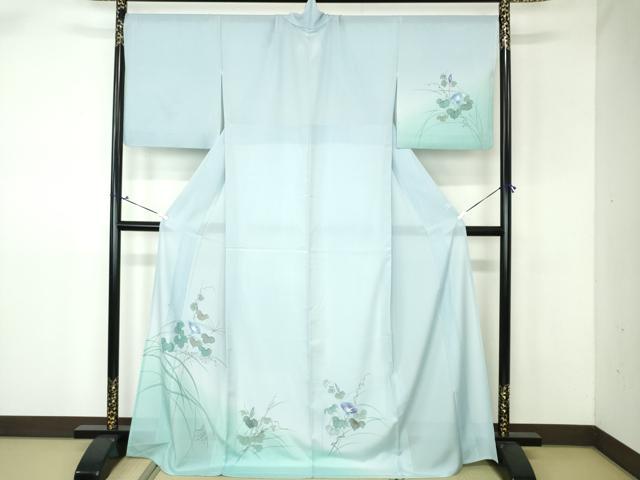 平和屋着物＊夏物 訪問着 絽 手描き 朝顔 アサガオ 暈し染め ロング丈 正絹 逸品 DAAW0416op