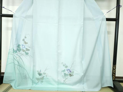 平和屋着物＊夏物 訪問着 絽 手描き 朝顔 アサガオ 暈し染め ロング丈 正絹 逸品 DAAW0416op