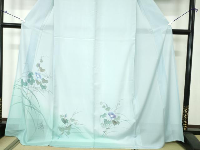 平和屋着物＊夏物 訪問着 絽 手描き 朝顔 アサガオ 暈し染め ロング丈 正絹 逸品 DAAW0416op