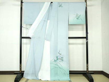 平和屋着物＊夏物 訪問着 絽 手描き 朝顔 アサガオ 暈し染め ロング丈 正絹 逸品 DAAW0416op