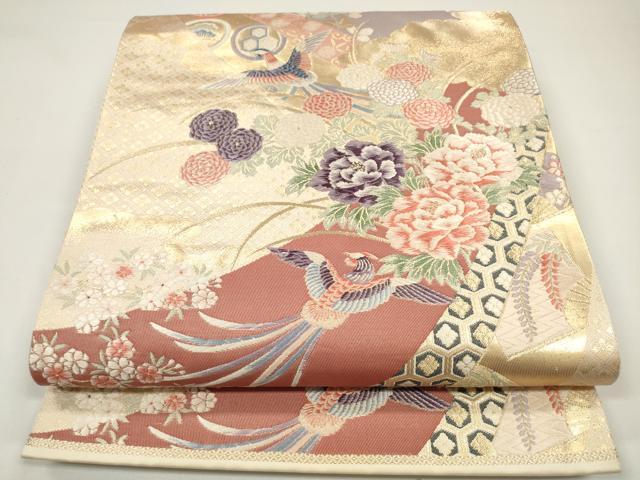 平和屋着物◎六通柄袋帯　唐織　熨斗目取花鳥文　金糸　正絹　逸品　DAAW0889op