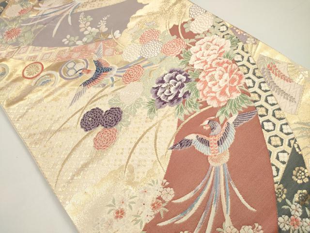 平和屋着物◎六通柄袋帯　唐織　熨斗目取花鳥文　金糸　正絹　逸品　DAAW0889op