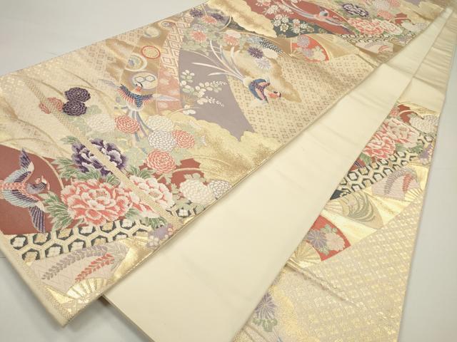 平和屋着物◎六通柄袋帯　唐織　熨斗目取花鳥文　金糸　正絹　逸品　DAAW0889op