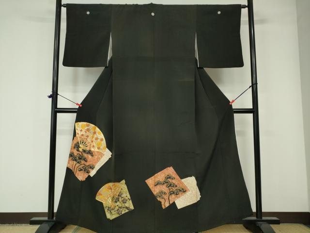 平和屋着物■豪華黒留袖　駒刺繍　扇面花松文　金彩　正絹　逸品　DAAW0934op