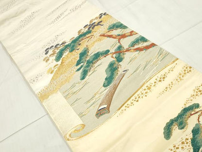平和屋着物◎六通柄袋帯　唐織　箔散らし枝松文　金銀糸　正絹　逸品　DAAW1003qa