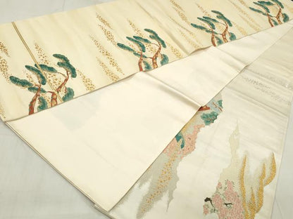 平和屋着物◎六通柄袋帯　唐織　箔散らし枝松文　金銀糸　正絹　逸品　DAAW1003qa