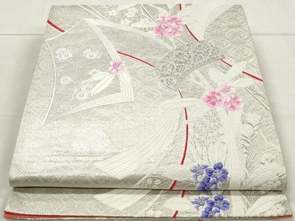 平和屋着物◎六通柄袋帯　唐織　束ね熨斗花文　銀糸　正絹　逸品　DAAW1025qa