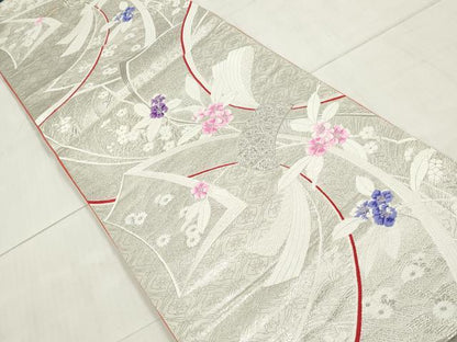 平和屋着物◎六通柄袋帯　唐織　束ね熨斗花文　銀糸　正絹　逸品　DAAW1025qa