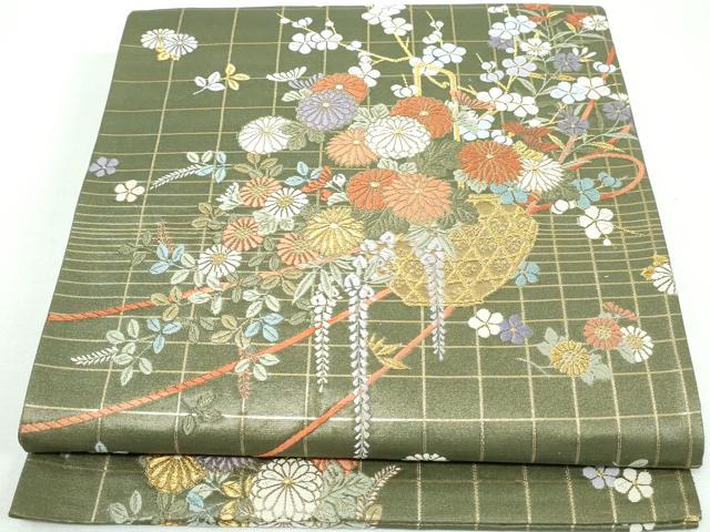 平和屋着物◎六通柄袋帯 唐織 花籠文 金糸 正絹 逸品 DAAW1075qa