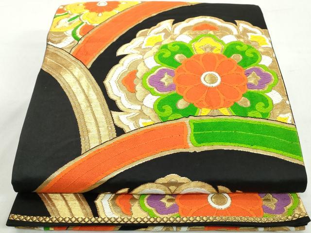 平和屋着物◎六通柄袋帯　唐織　正倉院花文　黒地　金糸　正絹　逸品　DAAW1126qa