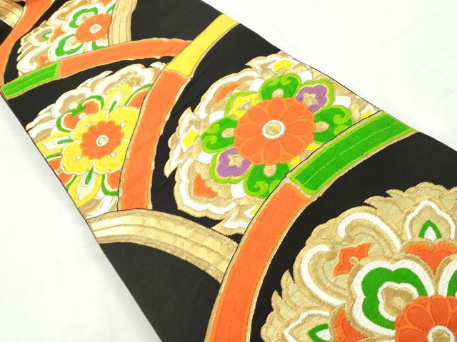 平和屋着物◎六通柄袋帯　唐織　正倉院花文　黒地　金糸　正絹　逸品　DAAW1126qa