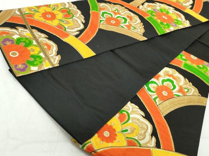 平和屋着物◎六通柄袋帯　唐織　正倉院花文　黒地　金糸　正絹　逸品　DAAW1126qa