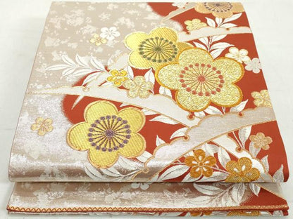 平和屋着物◎六通柄袋帯　雪芝梅文　金銀糸　正絹　逸品　DAAW1141qa