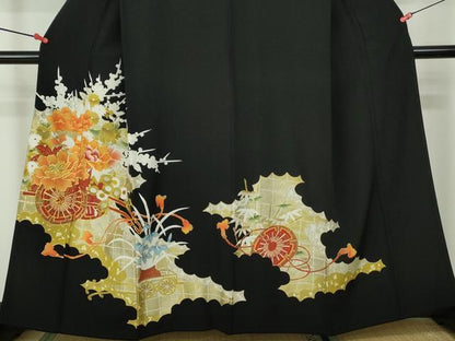 平和屋着物■豪華黒留袖 駒刺繍 花車文 金彩 正絹 逸品 DAAW1291qa