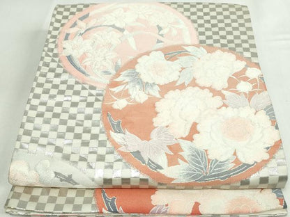 平和屋着物◎六通柄袋帯 唐織 枝梅丸文 銀糸 正絹 逸品 DAAW1313qa