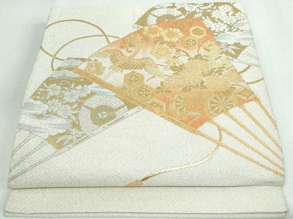 平和屋着物◎綴れ 太鼓柄袋帯 扇面花鳥文 金糸 正絹 逸品 DAAW1314qa