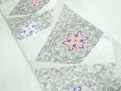 平和屋着物◎六通柄袋帯　唐織　正倉院花文　銀糸　正絹　逸品　DAAW1332qa