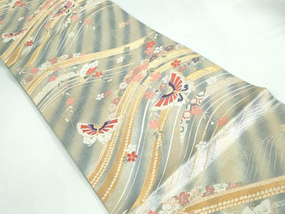 平和屋着物◎両面 六通柄袋帯 立波花蝶文 金銀糸 正絹 逸品 DAAW1334qa