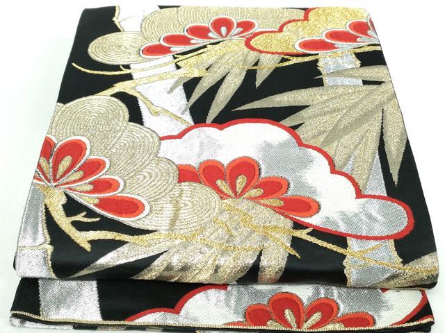 平和屋着物◎六通柄袋帯 笹竹枝松文 黒地 金銀糸 正絹 逸品 DAAW1339qa