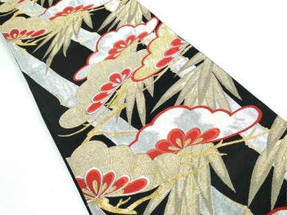平和屋着物◎六通柄袋帯 笹竹枝松文 黒地 金銀糸 正絹 逸品 DAAW1339qa