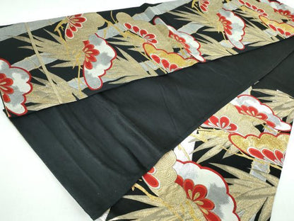 平和屋着物◎六通柄袋帯 笹竹枝松文 黒地 金銀糸 正絹 逸品 DAAW1339qa