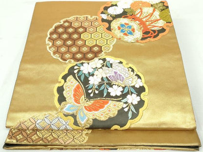 平和屋着物◎六通柄袋帯 雪輪花蝶文 黒地 金銀糸 正絹 逸品 DAAW1347qa