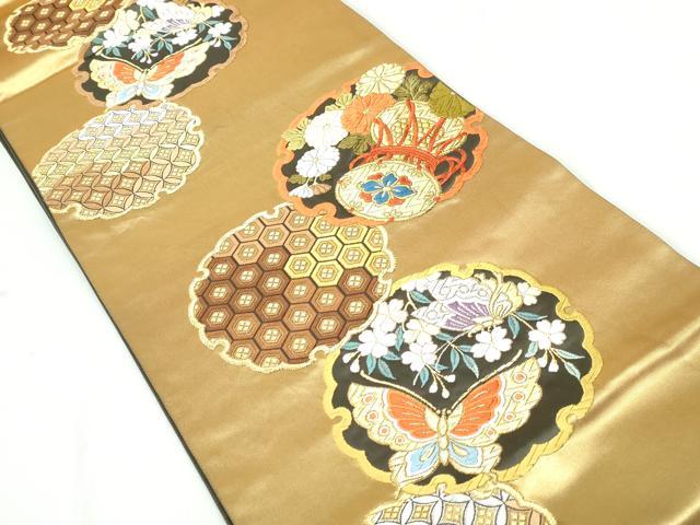 平和屋着物◎六通柄袋帯 雪輪花蝶文 黒地 金銀糸 正絹 逸品 DAAW1347qa