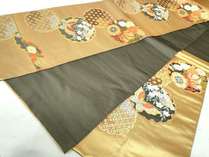 平和屋着物◎六通柄袋帯 雪輪花蝶文 黒地 金銀糸 正絹 逸品 DAAW1347qa