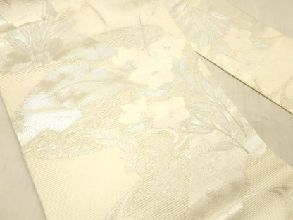 平和屋着物＊夏物　九寸名古屋帯　流水草花文　銀糸　正絹　逸品　DAAW1647cm