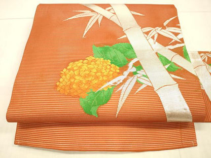 平和屋着物＊夏物　九寸名古屋帯　笹竹紫陽花文　銀糸　正絹　逸品　DAAW1723cm