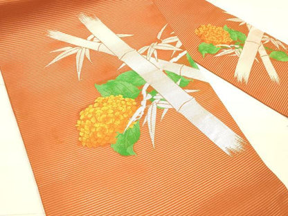 平和屋着物＊夏物　九寸名古屋帯　笹竹紫陽花文　銀糸　正絹　逸品　DAAW1723cm
