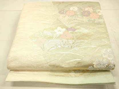 平和屋着物＊夏物 六通柄袋帯 地紙草花文 金糸 正絹 逸品 DAAW1925cm