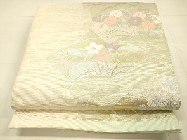 平和屋着物＊夏物 六通柄袋帯 地紙草花文 金糸 正絹 逸品 DAAW1925cm