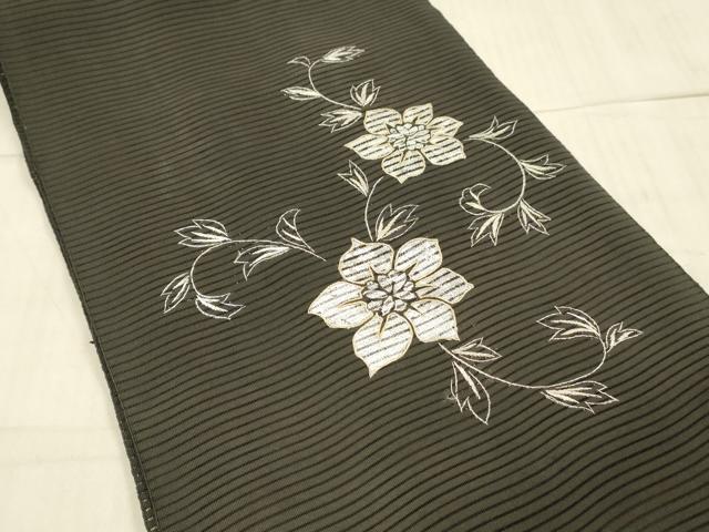 平和屋着物＊夏物　八寸名古屋帯　絽綴れ　駒刺繍　花唐草文　黒地　金糸　正絹　逸品　DAAW1926cm