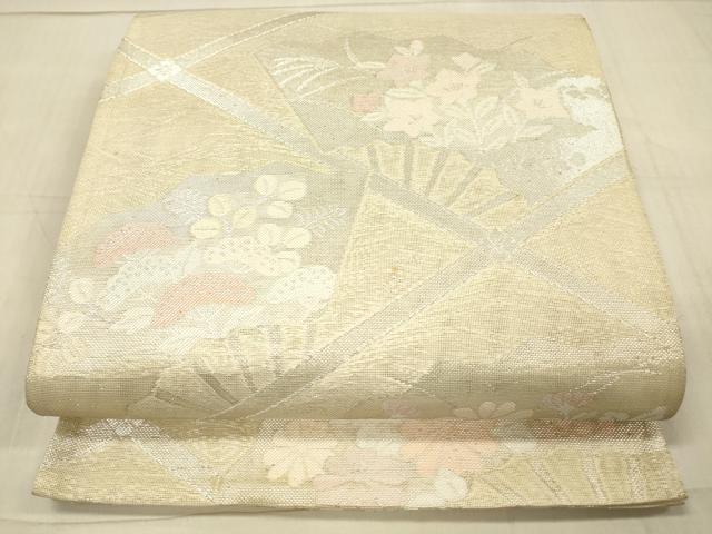 平和屋着物＊夏物 六通柄袋帯 扇面草花文 銀糸 正絹 逸品 DAAW1931cm