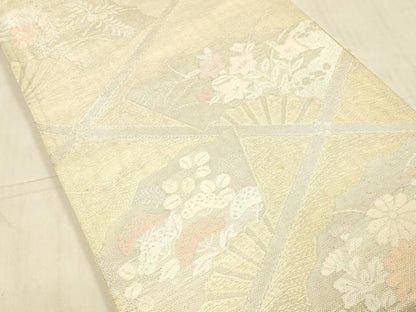 平和屋着物＊夏物 六通柄袋帯 扇面草花文 銀糸 正絹 逸品 DAAW1931cm