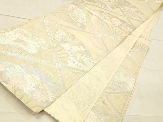 平和屋着物＊夏物 六通柄袋帯 扇面草花文 銀糸 正絹 逸品 DAAW1931cm