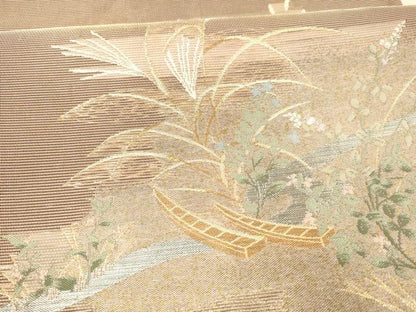 平和屋着物＊夏物 六通柄袋帯 夕なぎ 白鷺 掛船風景秋草文 金銀糸 正絹 逸品 DAAW1932cm