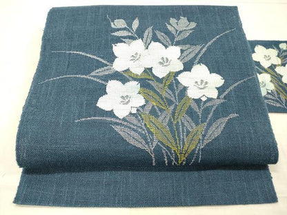 平和屋着物＊夏物 八寸名古屋帯 草花文 桔梗 銀糸 DAAW1938cm